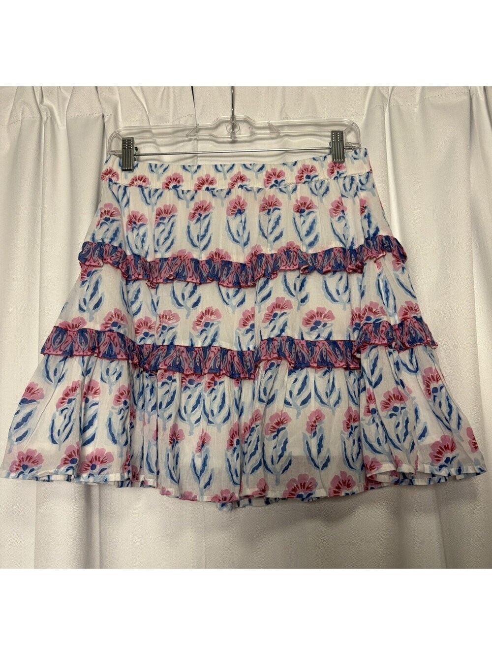 Oliphant Tiered Blue Pink & White Ruffle Floral Cotton Mini Skirt Medium $148
